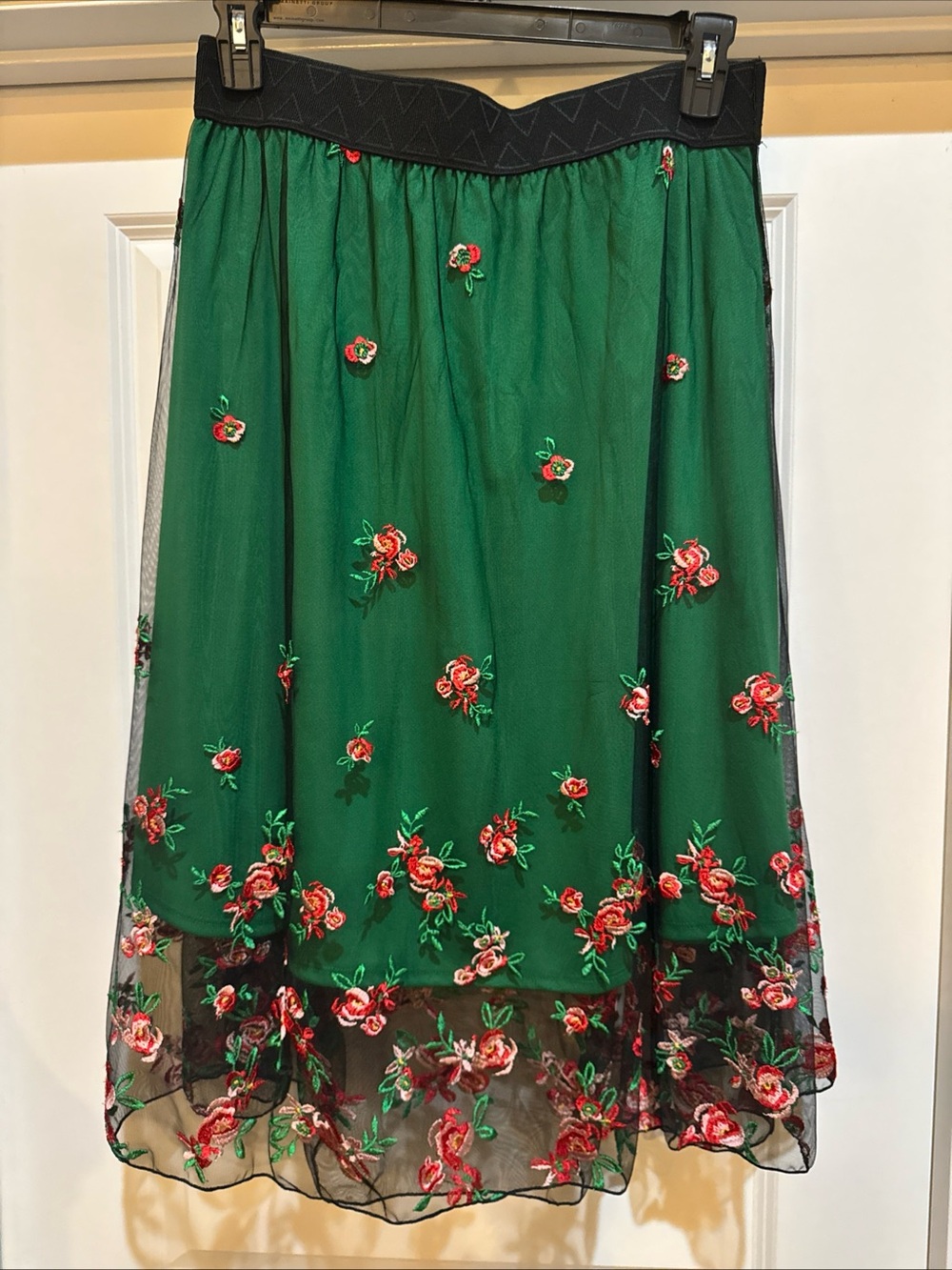 LuLaRoe Green Midi Skirt with Red Floral Embroidery